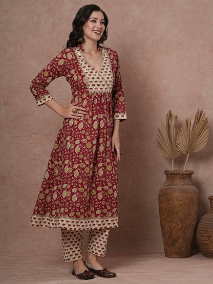 Ethnic Printed Embroidered A-Line Paneled Kurta with Pant - Maroon