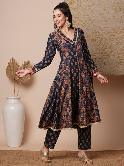 Ethnic Floral Printed & Embroidered Anarkali Kurta with Pant - Blue