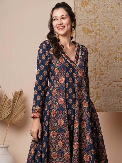 Ethnic Floral Printed & Embroidered Anarkali Kurta with Pant - Blue