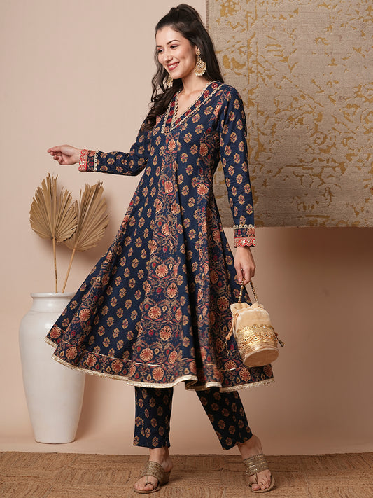 Ethnic Floral Printed & Embroidered Anarkali Kurta with Pant - Blue