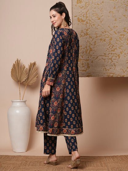 Ethnic Floral Printed & Embroidered Anarkali Kurta with Pant - Blue