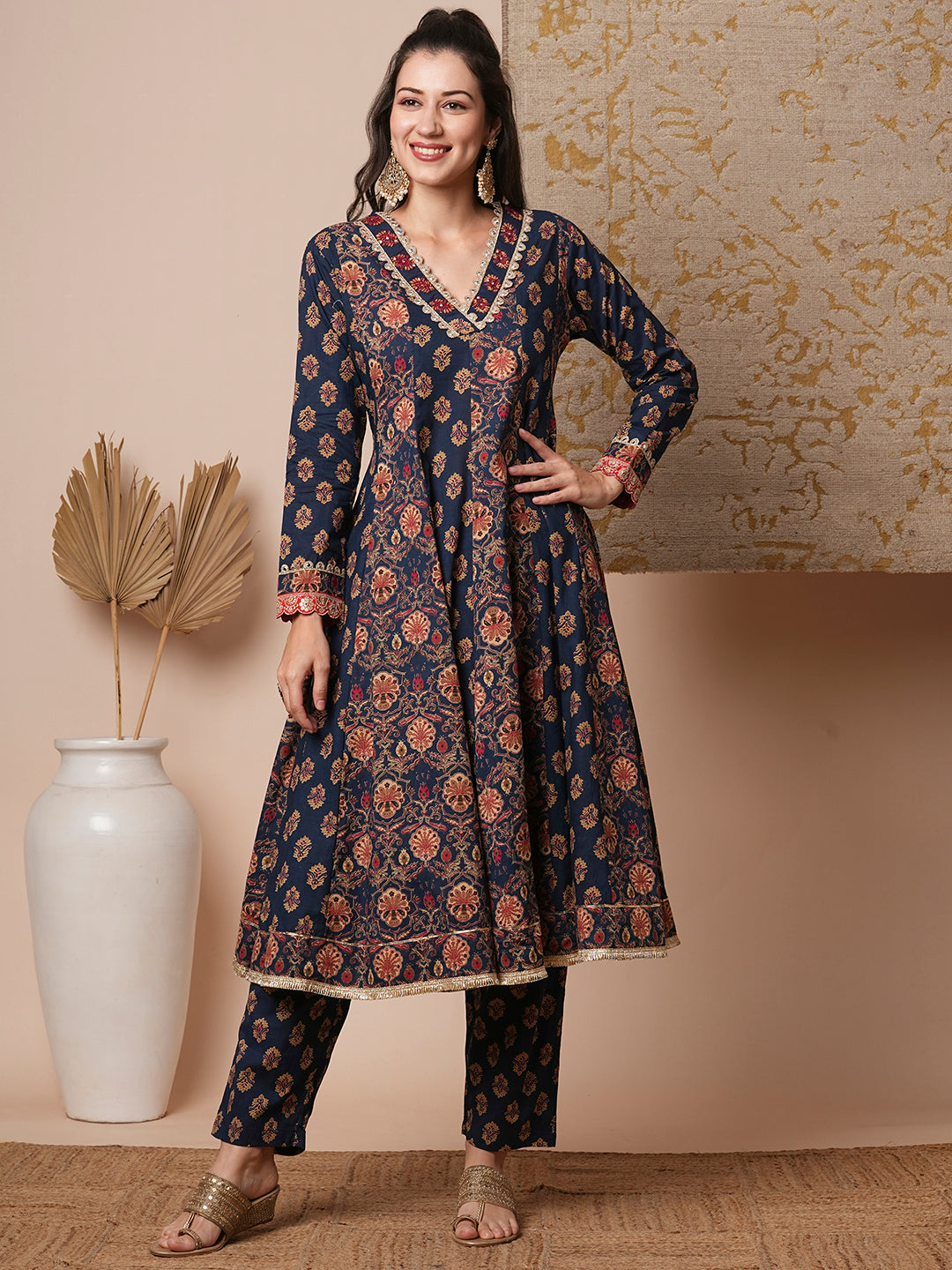 Ethnic Floral Printed & Embroidered Anarkali Kurta with Pant - Blue