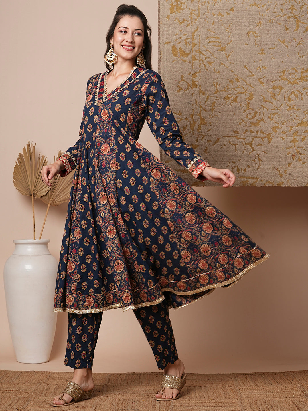 Ethnic Floral Printed & Embroidered Anarkali Kurta with Pant - Blue