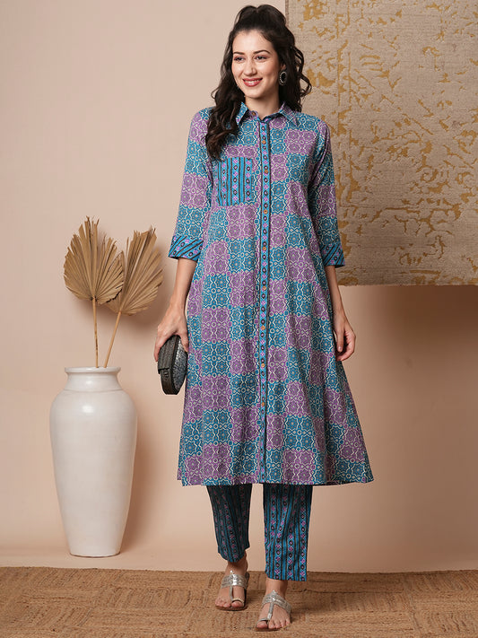 Ethnic Stripes Printed A-Line Flared Kurta with Pant - Blue