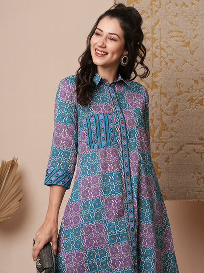 Ethnic Stripes Printed A-Line Flared Kurta with Pant - Blue