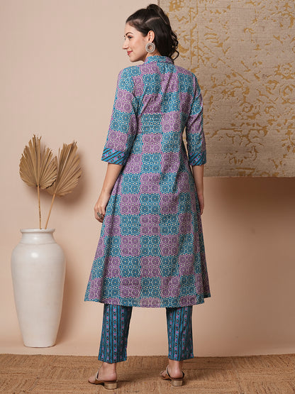 Ethnic Stripes Printed A-Line Flared Kurta with Pant - Blue