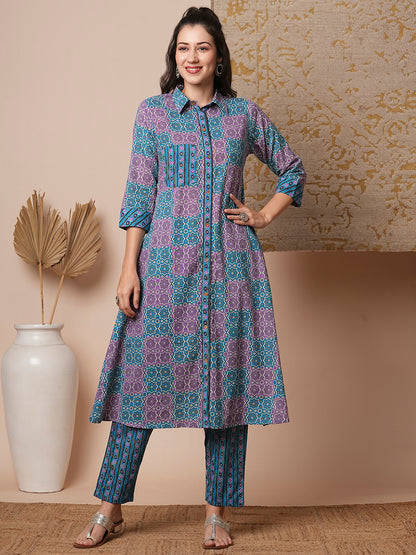 Ethnic Stripes Printed A-Line Flared Kurta with Pant - Blue