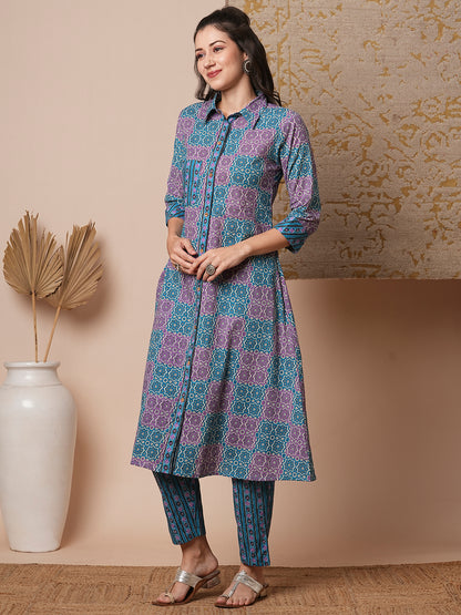 Ethnic Stripes Printed A-Line Flared Kurta with Pant - Blue