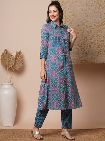 Ethnic Stripes Printed A-Line Flared Kurta with Pant - Blue