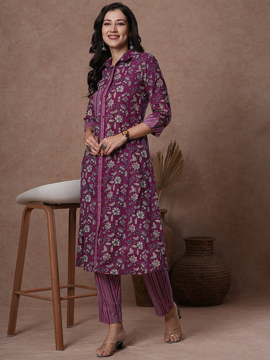 Ethnic Stripes Printed A-Line Flared Kurta with Pant - Purple