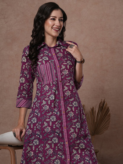 Ethnic Stripes Printed A-Line Flared Kurta with Pant - Purple