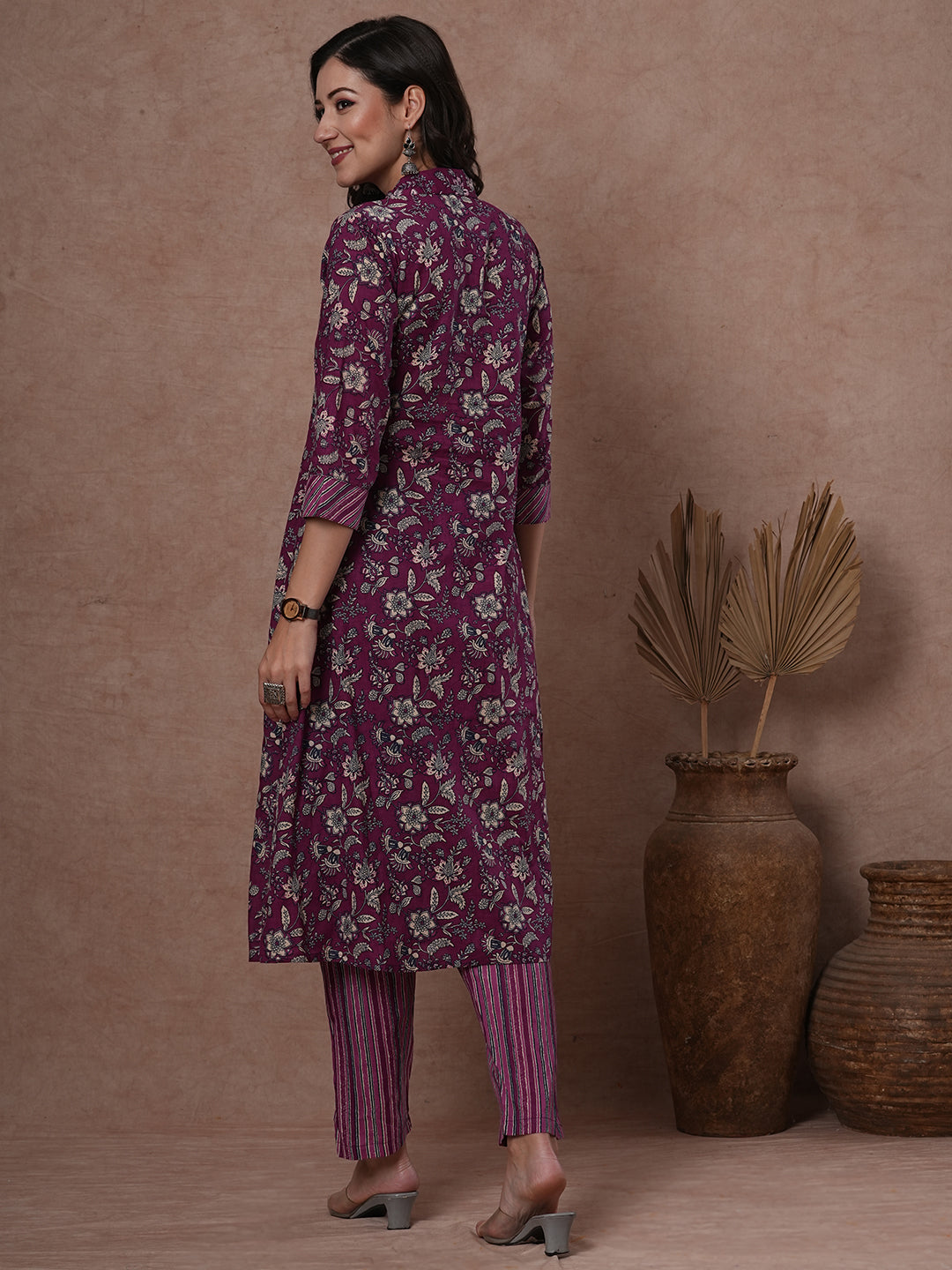 Ethnic Stripes Printed A-Line Flared Kurta with Pant - Purple