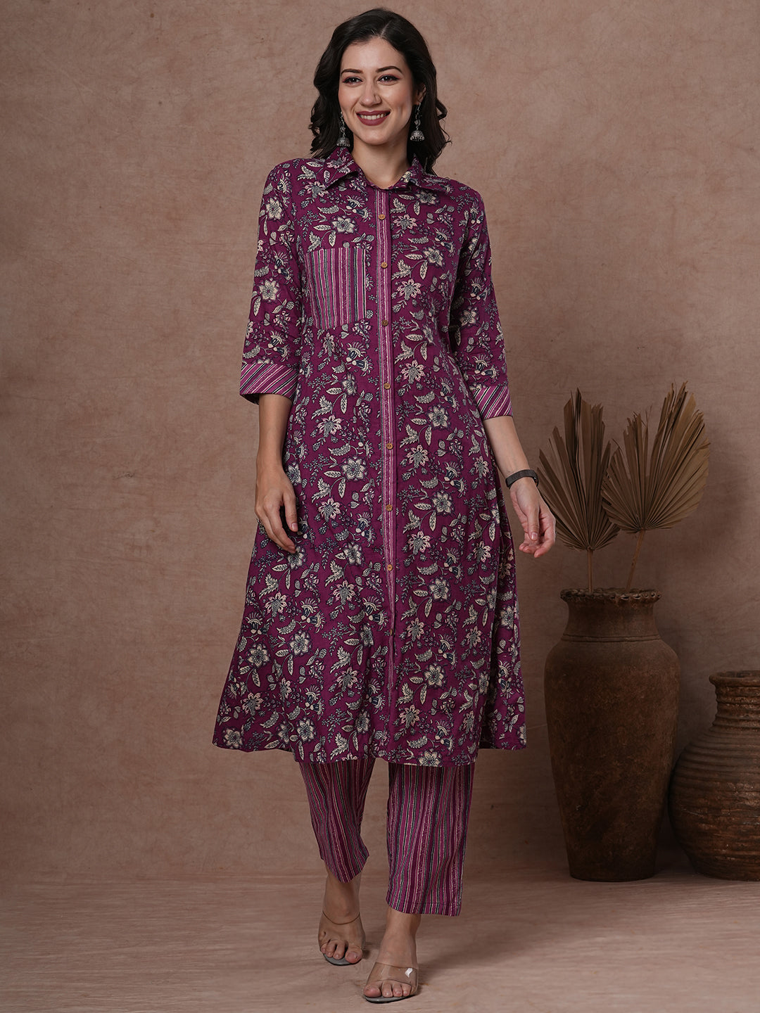 Ethnic Stripes Printed A-Line Flared Kurta with Pant - Purple