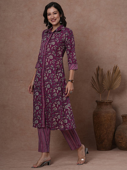 Ethnic Stripes Printed A-Line Flared Kurta with Pant - Purple