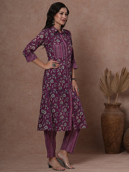 Ethnic Stripes Printed A-Line Flared Kurta with Pant - Purple