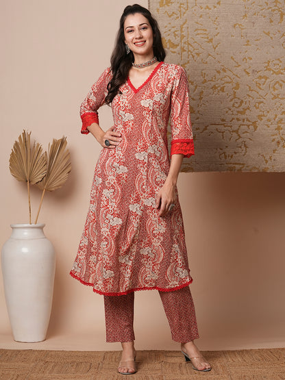 Ethnic Floral Printed Anarkali Flared Kurta with Pant - Rust