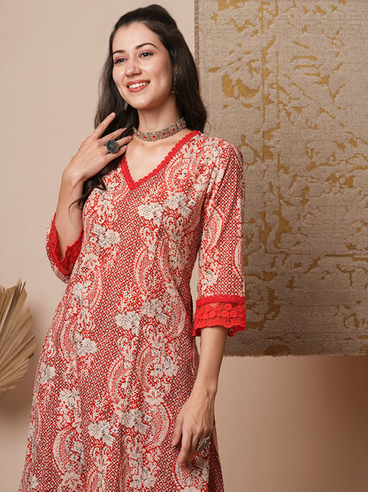 Ethnic Floral Printed Anarkali Flared Kurta with Pant - Rust