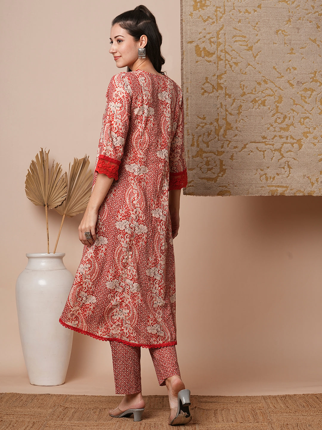 Ethnic Floral Printed Anarkali Flared Kurta with Pant - Rust