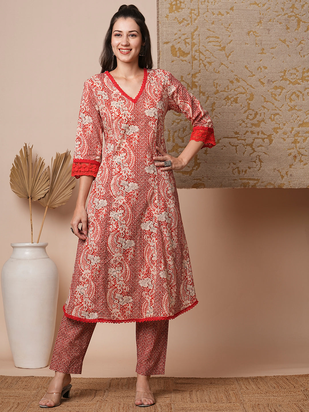 Ethnic Floral Printed Anarkali Flared Kurta with Pant - Rust