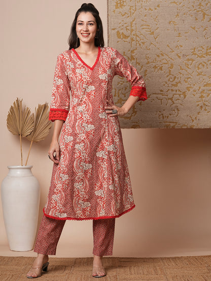 Ethnic Floral Printed Anarkali Flared Kurta with Pant - Rust