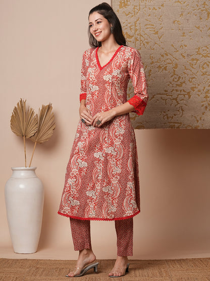 Ethnic Floral Printed Anarkali Flared Kurta with Pant - Rust