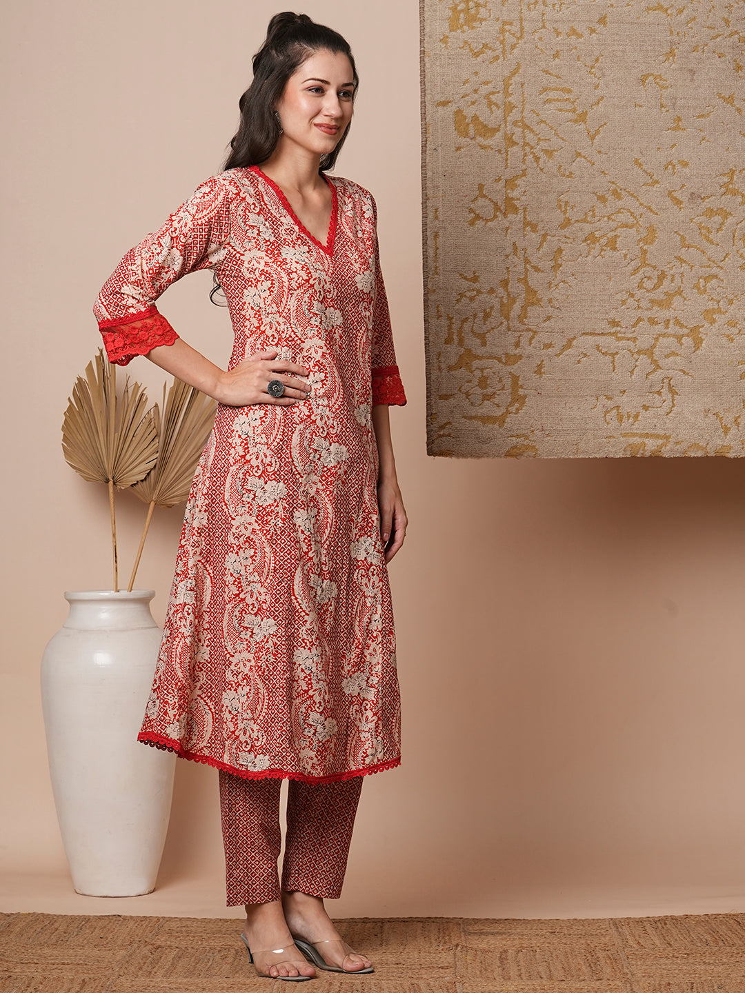 Ethnic Floral Printed Anarkali Flared Kurta with Pant - Rust