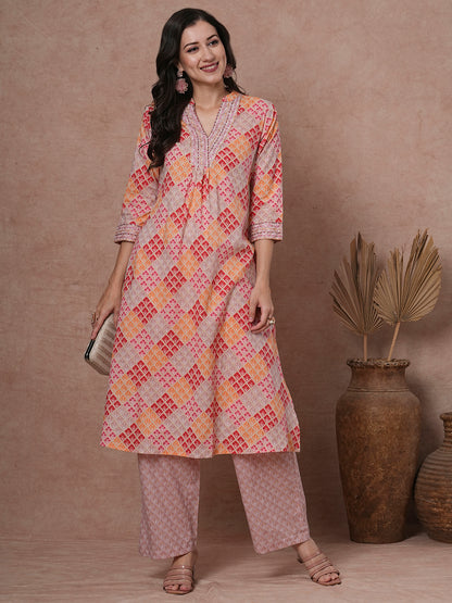 Ethnic Floral Printed A-Line Pleated Kurta with Palazzo - Multi