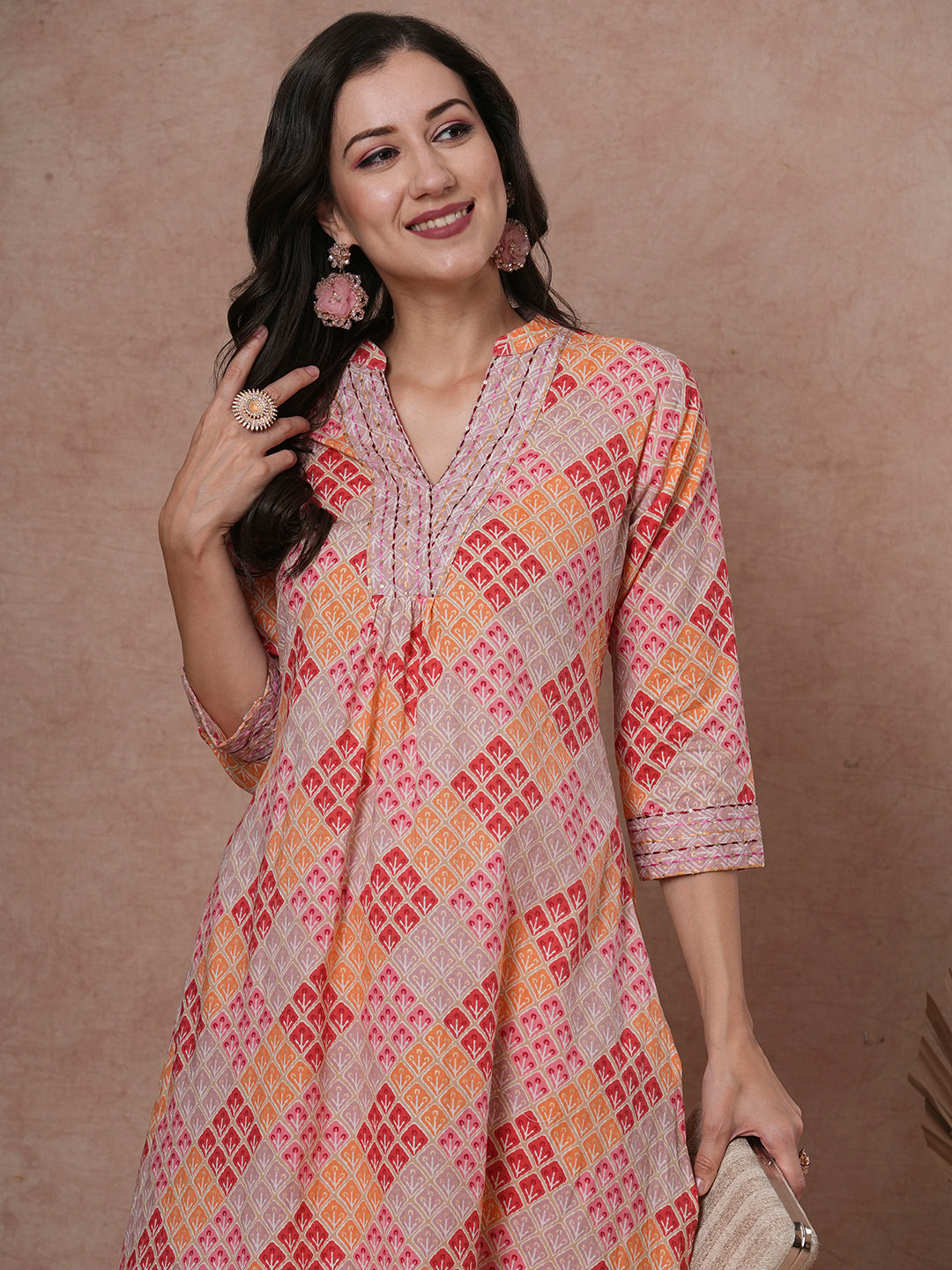 Ethnic Floral Printed A-Line Pleated Kurta with Palazzo - Multi