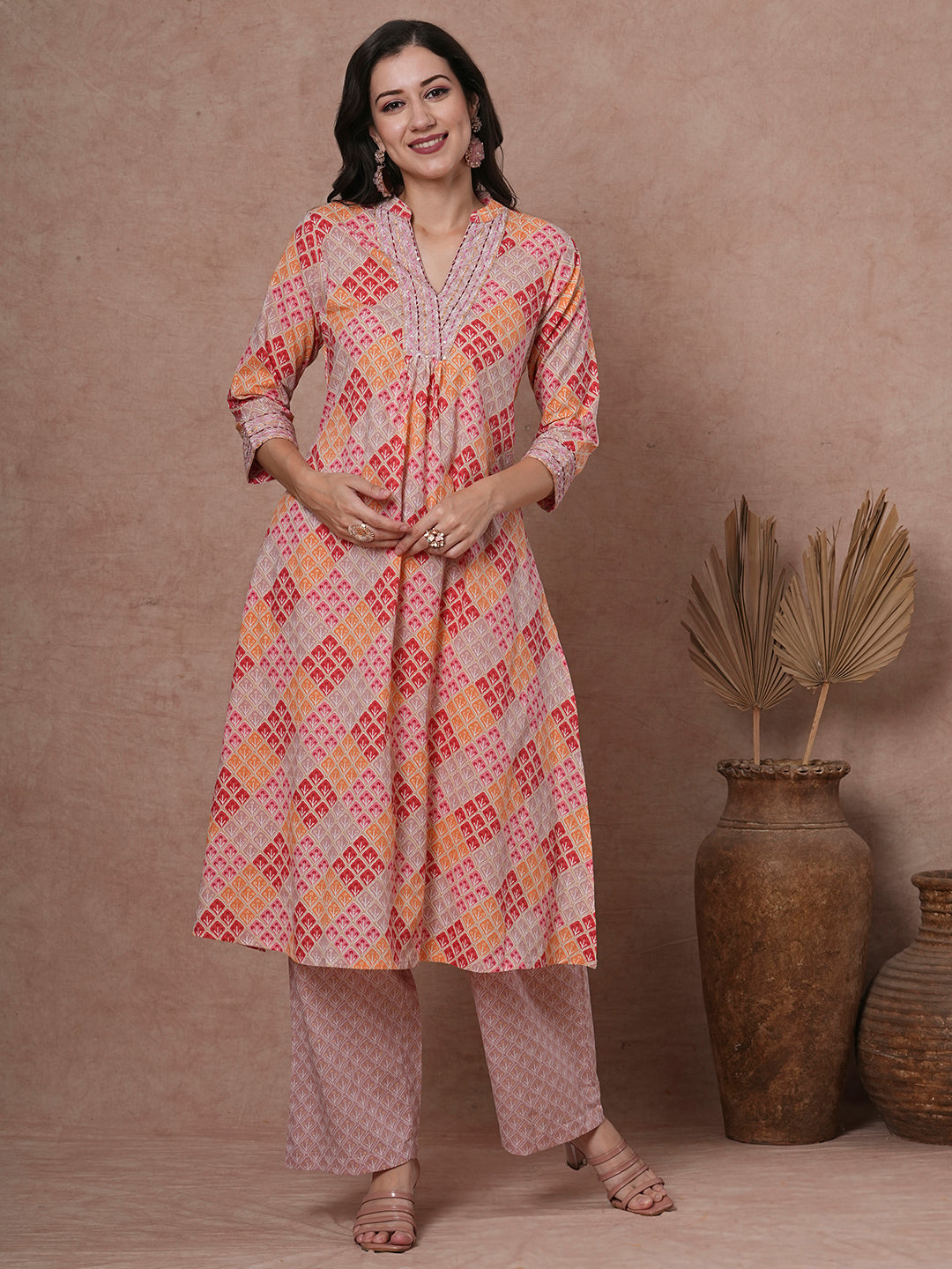 Ethnic Floral Printed A-Line Pleated Kurta with Palazzo - Multi