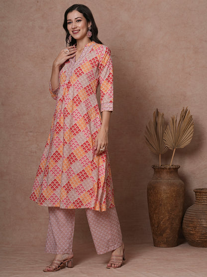 Ethnic Floral Printed A-Line Pleated Kurta with Palazzo - Multi