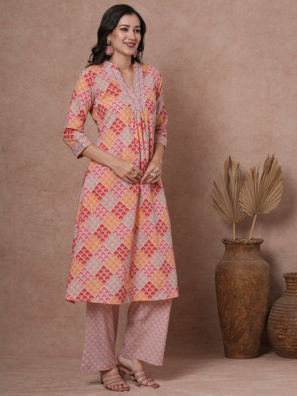 Ethnic Floral Printed A-Line Pleated Kurta with Palazzo - Multi