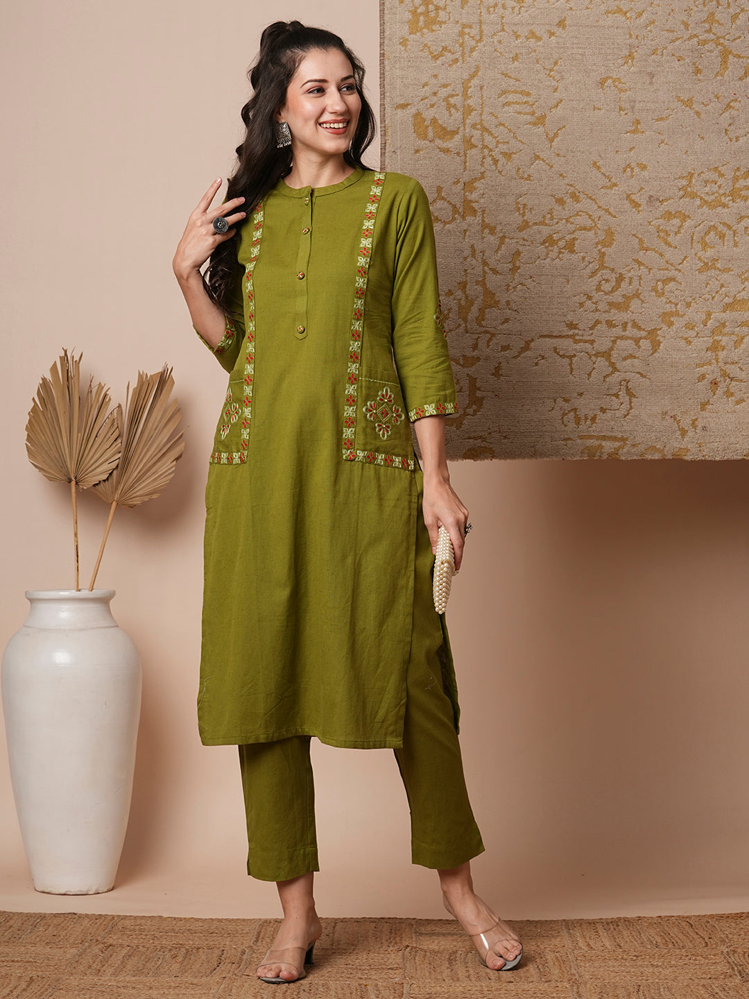 Solid Ethnic Embroidered Straight Fit Cotton Flax Co-ord Set - Green