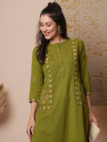 Solid Ethnic Embroidered Straight Fit Cotton Flax Co-ord Set - Green