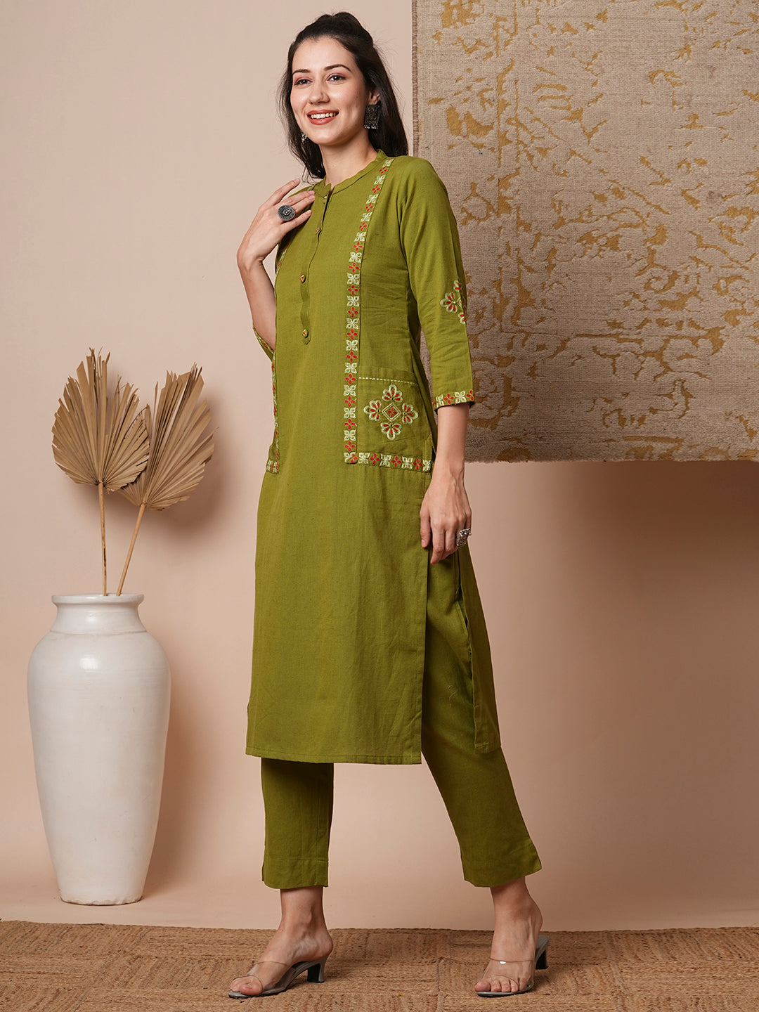 Solid Ethnic Embroidered Straight Fit Cotton Flax Co-ord Set - Green