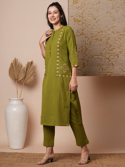 Solid Ethnic Embroidered Straight Fit Cotton Flax Co-ord Set - Green