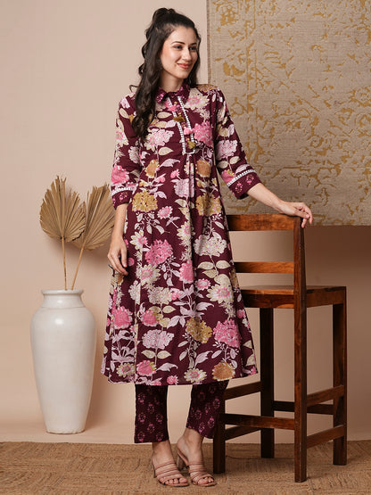 Ethnic Floral Printed A-Line Paneled Kurta with Pant - Maroon