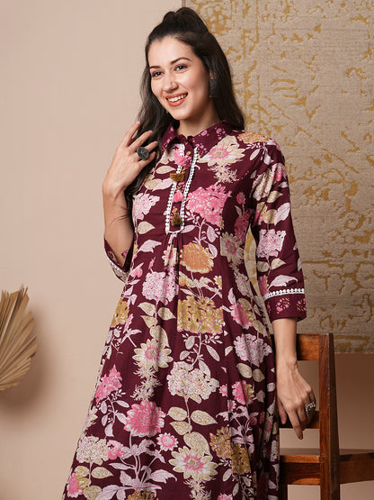 Ethnic Floral Printed A-Line Paneled Kurta with Pant - Maroon