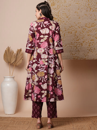 Ethnic Floral Printed A-Line Paneled Kurta with Pant - Maroon