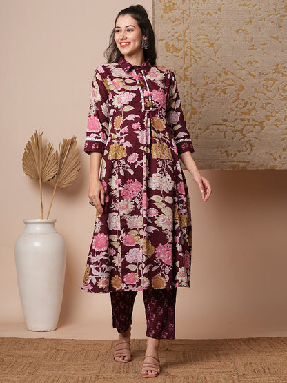 Ethnic Floral Printed A-Line Paneled Kurta with Pant - Maroon