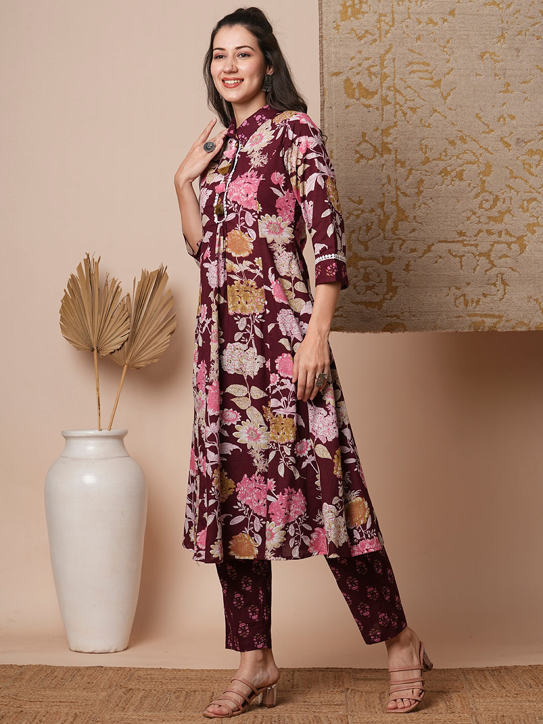 Ethnic Floral Printed A-Line Paneled Kurta with Pant - Maroon