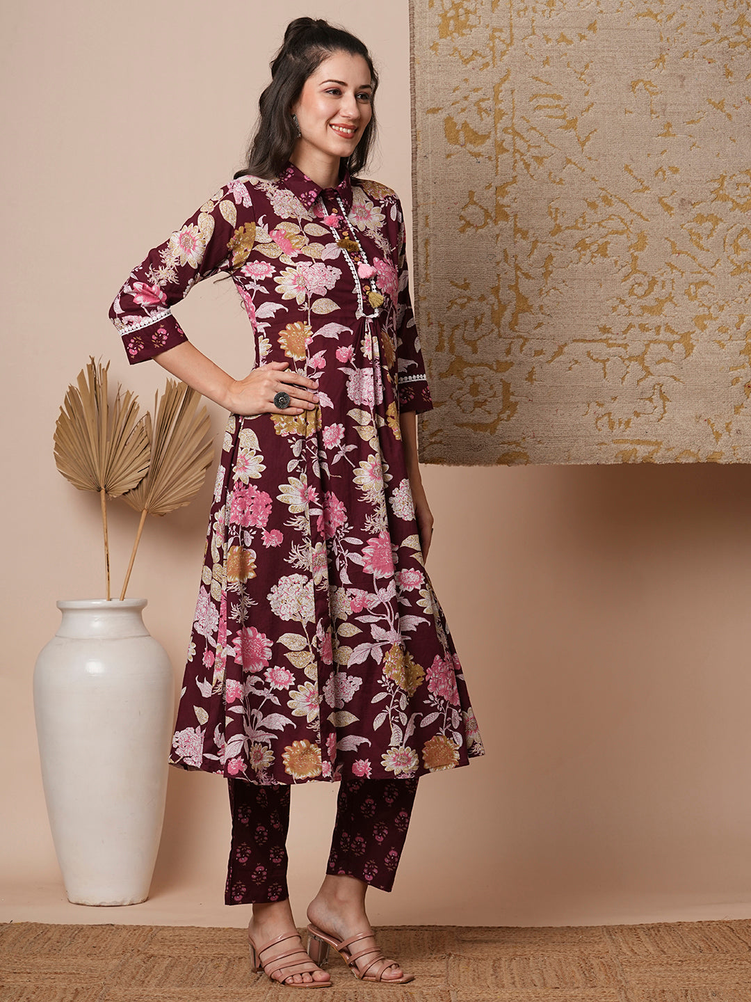 Ethnic Floral Printed A-Line Paneled Kurta with Pant - Maroon