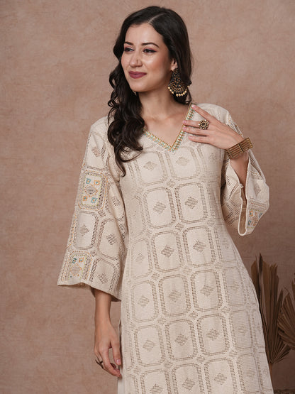 Solid Crochet & Floral Embroidered Straight Fit Kurta with Pant - Off White