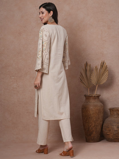 Solid Crochet & Floral Embroidered Straight Fit Kurta with Pant - Off White