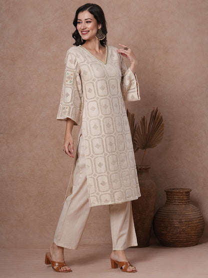 Solid Crochet & Floral Embroidered Straight Fit Kurta with Pant - Off White