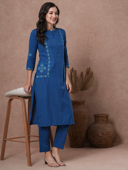 Solid Ethnic Embroidered Straight Fit Cotton Flax Co-ord Set - Blue