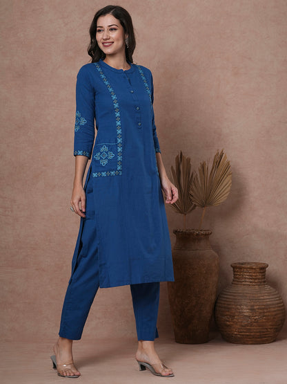 Solid Ethnic Embroidered Straight Fit Cotton Flax Co-ord Set - Blue