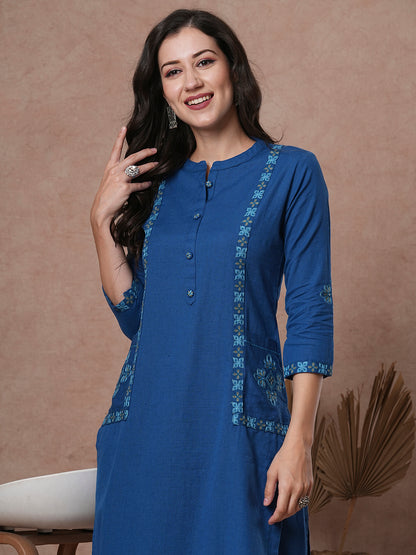 Solid Ethnic Embroidered Straight Fit Cotton Flax Co-ord Set - Blue