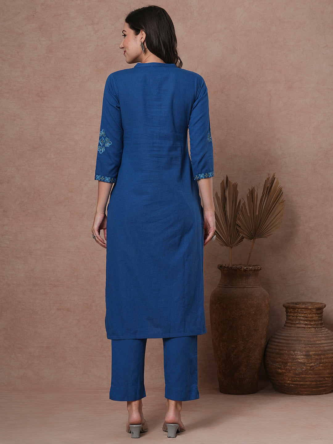 Solid Ethnic Embroidered Straight Fit Cotton Flax Co-ord Set - Blue