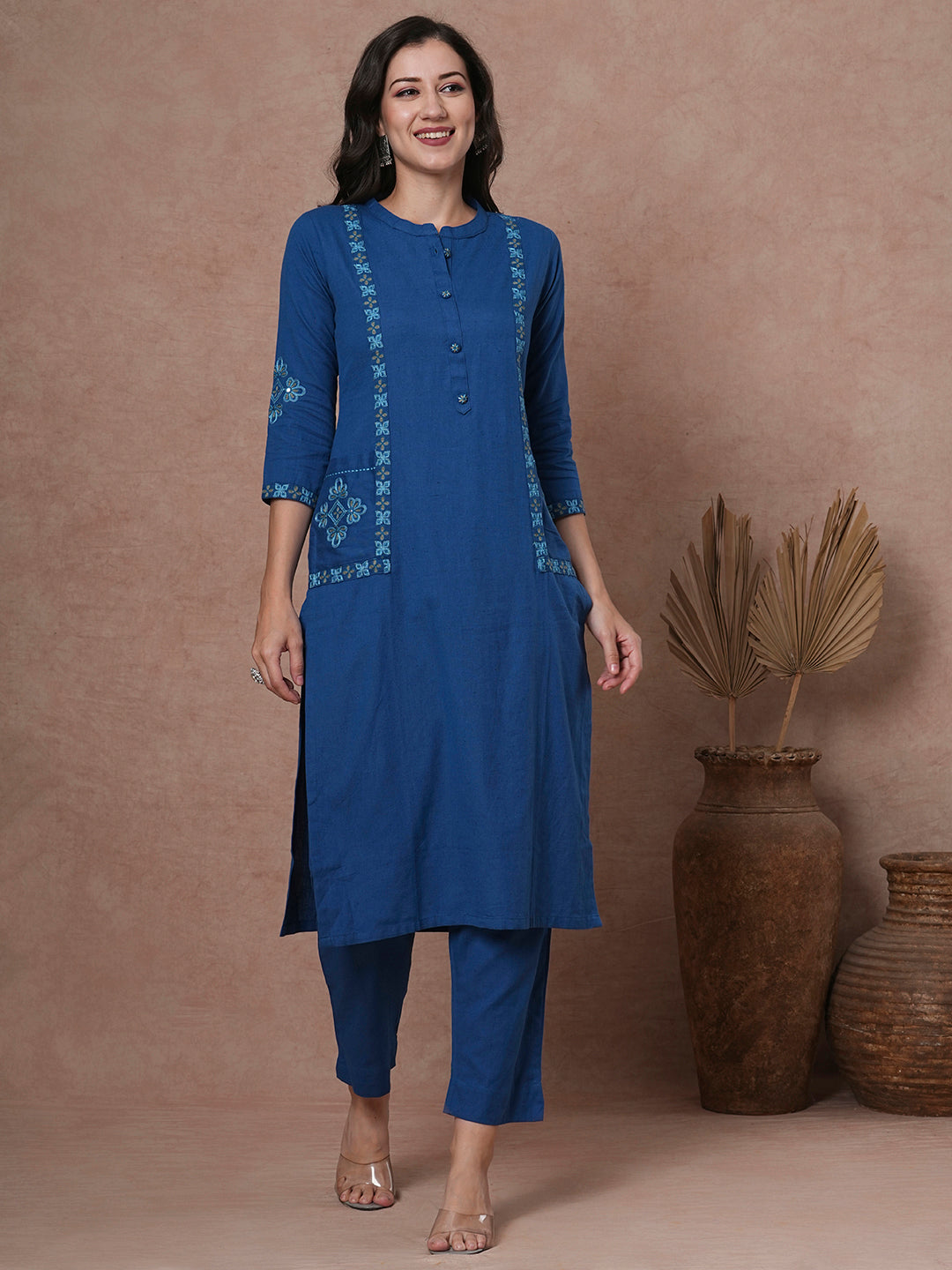 Solid Ethnic Embroidered Straight Fit Cotton Flax Co-ord Set - Blue