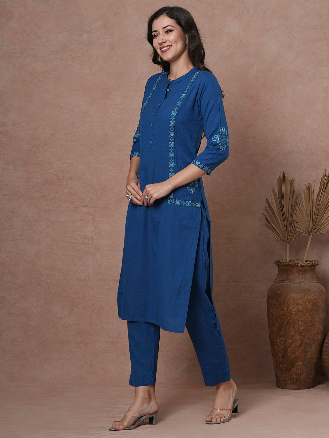 Solid Ethnic Embroidered Straight Fit Cotton Flax Co-ord Set - Blue